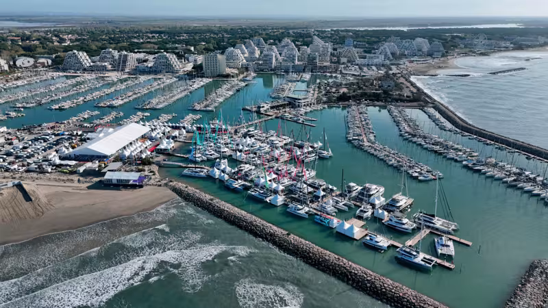 The MOTY ceremony will be held on April 23 - opening day of the International Multihull Show -  in the VIP Club, seen here on the left at the edge of the beach.