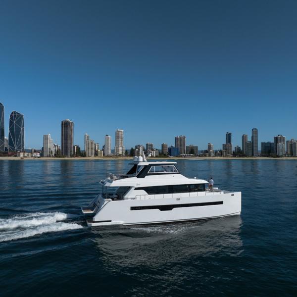 The Iliad 62 power catamaran can cruise in trawler mode or in semi-displacement mode, reaching a maximum speed of  21 knots comfortably during our sea trial.